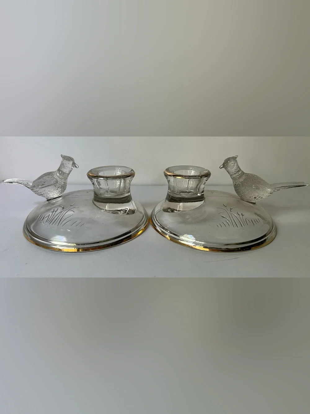Clear Glass Bird Candle Holders with Gold Trim - Pair-by Jeanette Glass